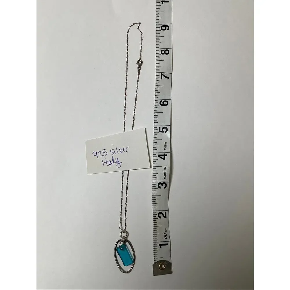 925 Sterling Silver Italian Turquoise Sea Glass Pendant Necklace Coastal E20-18